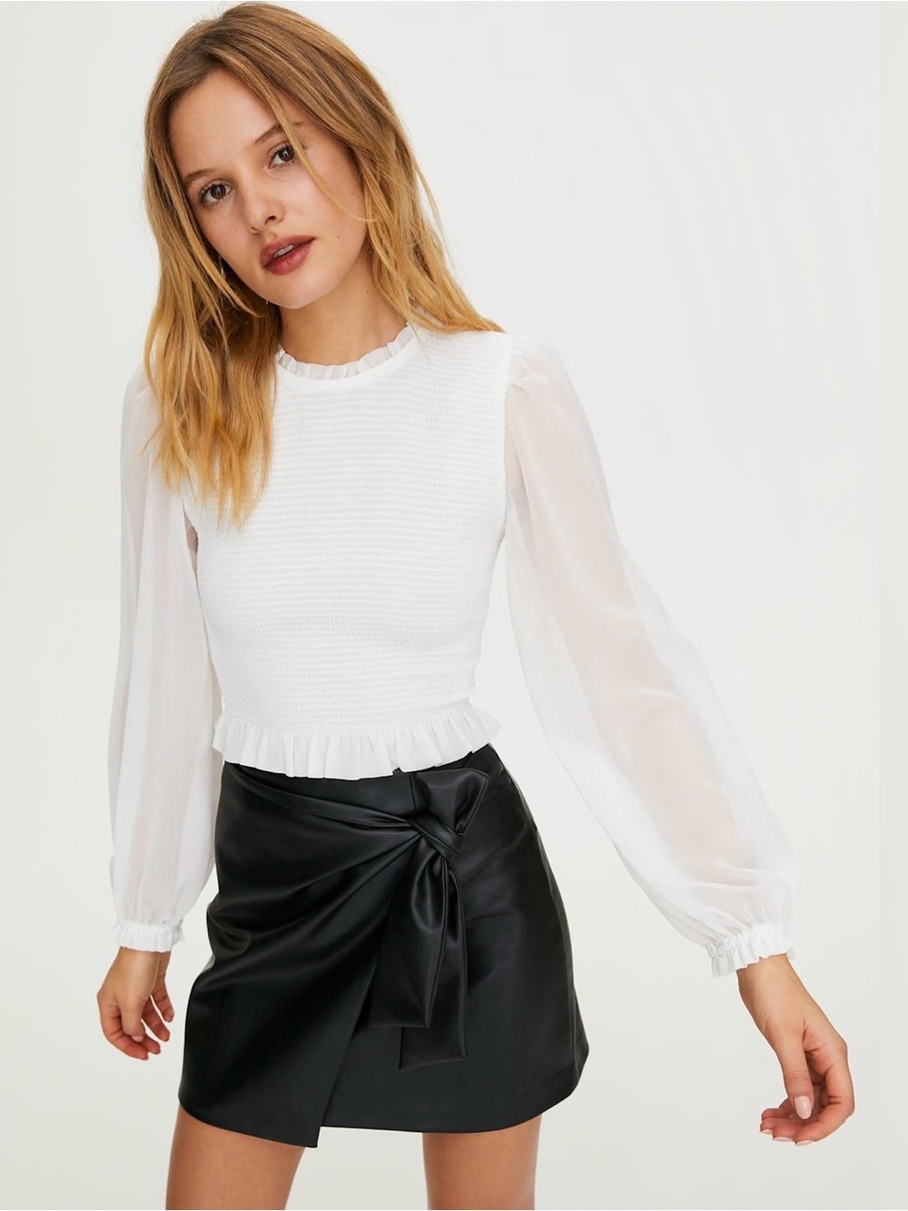 Aritzia Wilfred Tempest Off White Smocked Bodice Sheer Sleeve Blouse